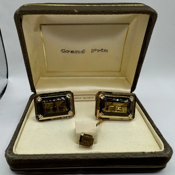 1960’s Swank Grand Prix Topaz Quartz Cuff Links Tie Pin - Picture 2 of 6